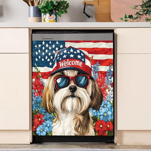 American Flag Pet Dogs Magnetic Sticker Dishwasher Cover Kitchen Decor, 23x26inch Floral Dishwasher Magnet Cover, Patriotic Dishwasher Decal, Refrigerator Panel,Magnetic Dishwasher Sticker
