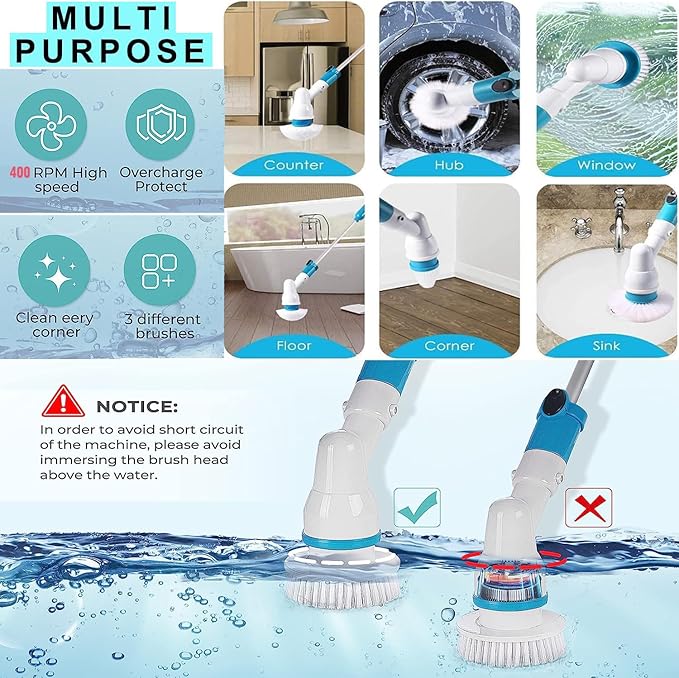 Electric Spin Scrubber,Cordless Power Tub and Tile Scrubber,3 Replaceable Plastic Cleaner Scrubber Brush Head,45-Inch Extension Arm Ideal for Tub,Tile,Floor,Toilet,Grout,Baseboard Cleaning Tool