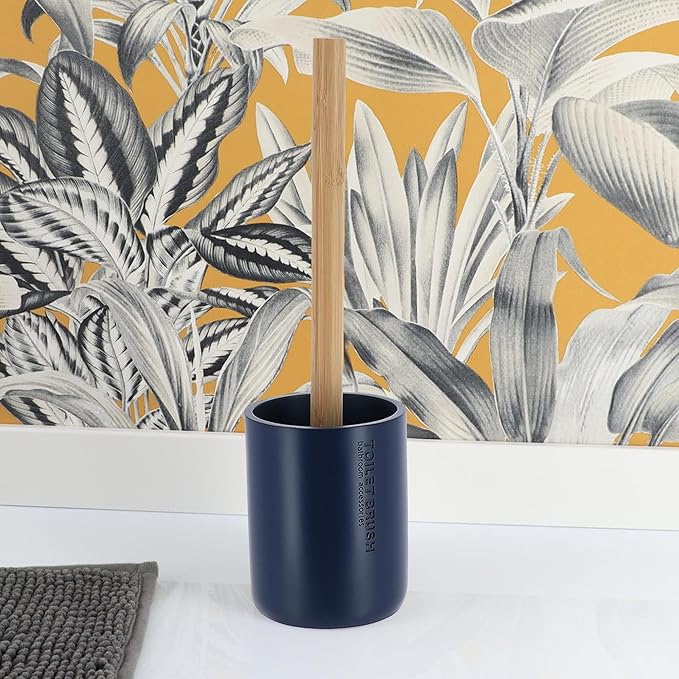 Compact Navy Blue Toilet Brush and Holder Set with Natural Bamboo Handle - Durable Toilet Bowl Brush for Deep Bathroom Cleaning
