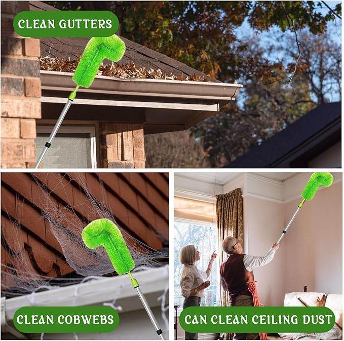 Gutter Cleaning Tools from The Ground, 10 FT Gutter Cleaner Tools for Removing Leaves and Debris, Rain Gutter Cleaning Tool with 8 Steel Tubes and 2 Brush Heads (Green)