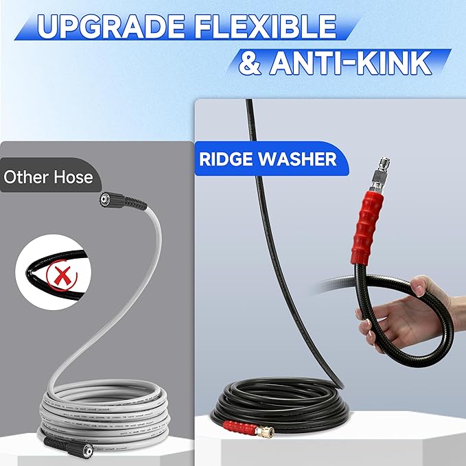 RIDGE WASHER Pressure Washer Hose 50 Feet X 3/8 Inch for Hot and Cold Water, 2-Wire Steel Braid Hose (R2), 3/8 Inch Quick Connect, 6000 PSI