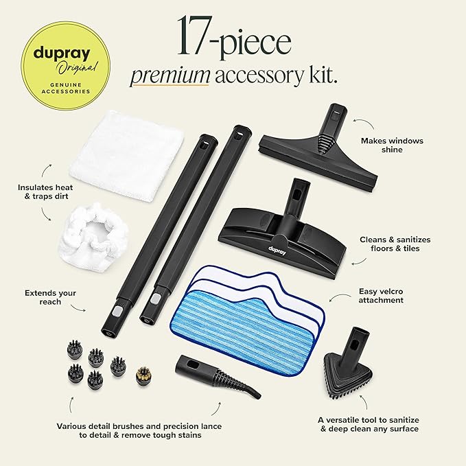 Dupray Neat Steam Cleaner with 17-Piece Kit – Powerful, chemical-free cleaning for floors, cars, tiles, upholstery, kitchen appliances, grout, and more. *Kills 99.9% of Bacteria & Viruses