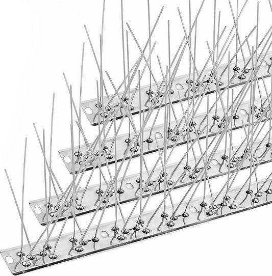 BUGGOFF Bird and Rodent Spikes, 4.5" Tall 10" Long Stainless Steel Anti-Bird Deterrent Strips, Silver, Professional Pest Control for Roofs, Fences, Ledges (20 Pieces / 16.6 Feet)
