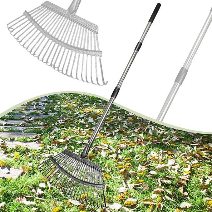 MYCENSE Garden Leaf Rake Long Handle Fallen Leaves Collector Chicken Coop Rake for Flower Bed Courtyard Debris Shrub Lawn