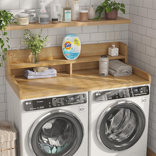 2-Tier Washer Dryer Countertop with 2.75"H Edge Rails, 54" W x 27.55" D Laundry Countertop for Folding Clothes, Washer and Dryer Topper with Non-Slip Pad (Pure Wood Color)