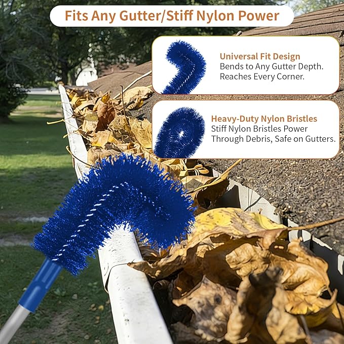 Longtor 12.9FT Gutter Cleaning Tools from Ground – Aluminum Extension Pole with Bendable Brush, Deep Scoop & Swivel Head, Telescopic Roof Cleaner for Gutters/RV/Home, No Ladder Required