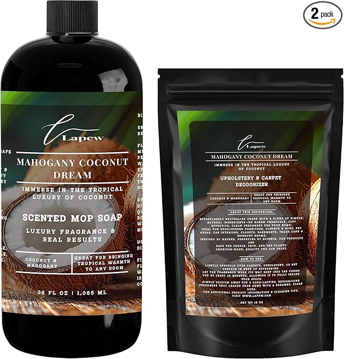Lapew Mahogany Coconut Dream Scented Cleaning Bundle | Carpet Deodorizer Powder (16 oz) & Mop Soap Concentrate (36 oz) | Pet-Friendly Odor Eliminator
