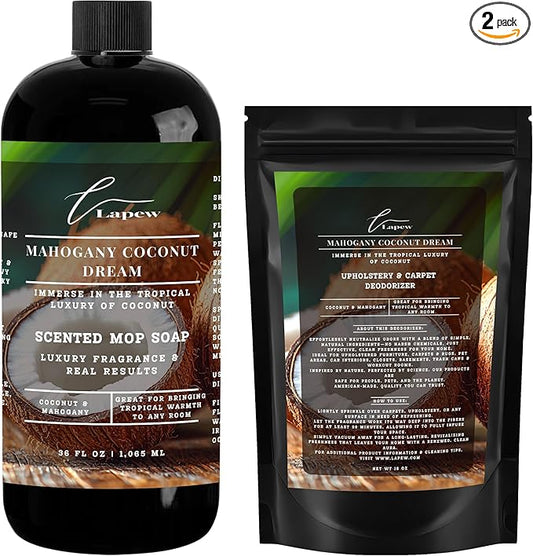 Lapew Mahogany Coconut Dream Scented Cleaning Bundle | Carpet Deodorizer Powder (16 oz) & Mop Soap Concentrate (36 oz) | Pet-Friendly Odor Eliminator