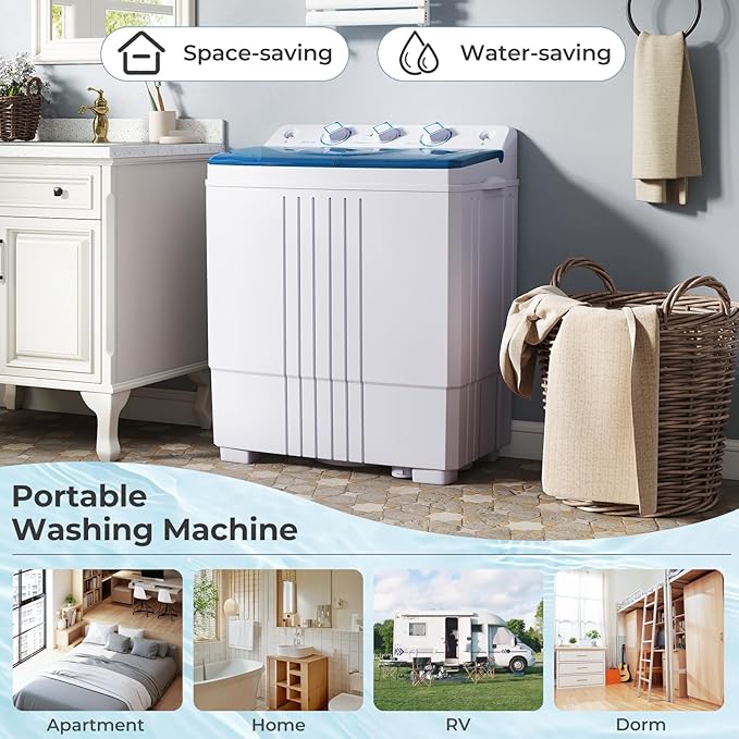 Giantex Portable Washing Machine, 20 LBS Washer & Spinner Combo with Built-in Drain Pump & Time Control, Compact Twin Tub 12 LBS Washing & 8 LBS Spin Drying for Apartment Dorm RV (Blue+White)