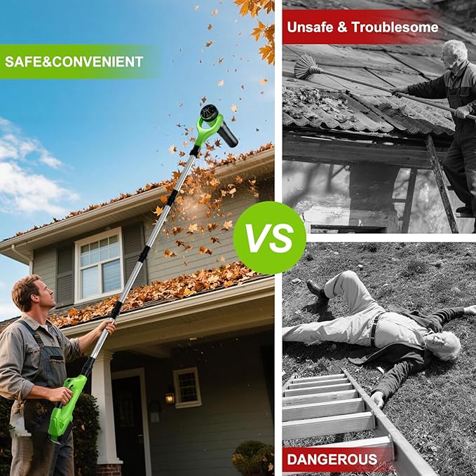 Roof Gutter Cleaning from The Ground, 21V Leaf Blowers Cordless with 2 Battery, Adjustable Pole (98inch)3 Speed Modes 500CFM/180MPH for Gutter Cleaner Extension Attachment Kit for Garden,House