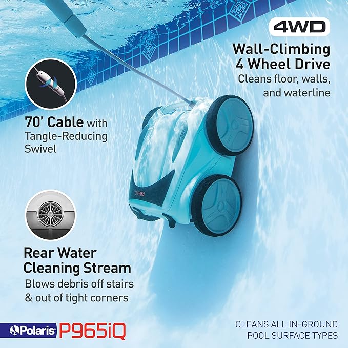 Polaris P965iQ Sport Robotic Pool Cleaner, Automatic Vacuum for InGround Pools up to 60ft, Smart App, WiFi, Amazon Alexa, 70ft Swivel Cable w/Strong Suction & Easy Access Filter Canister