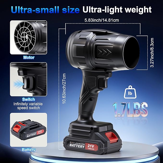 Cordless Leaf Blower Variable Speed,21V 1.7LB Lightweight Handheld Blower with 2 Pack Batteries&60 Mins Runtime,for Yard,Patio,Car Drying,Snow,Garage,Deck Cleaning