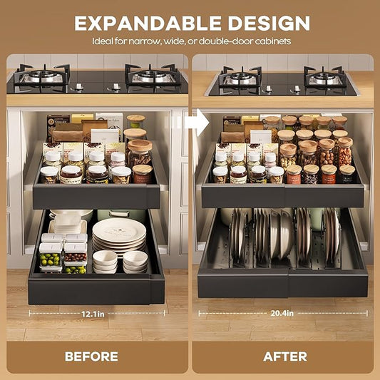 6 Pack Pull out Cabinet Organizer 21"Deep with Raising Pad for Framed Cabinets, Expandable Slide out Drawers for Kitchen Cabinets with 6pcs Divider Racks, Roll out Shelves 12.1"-20.4" W Black