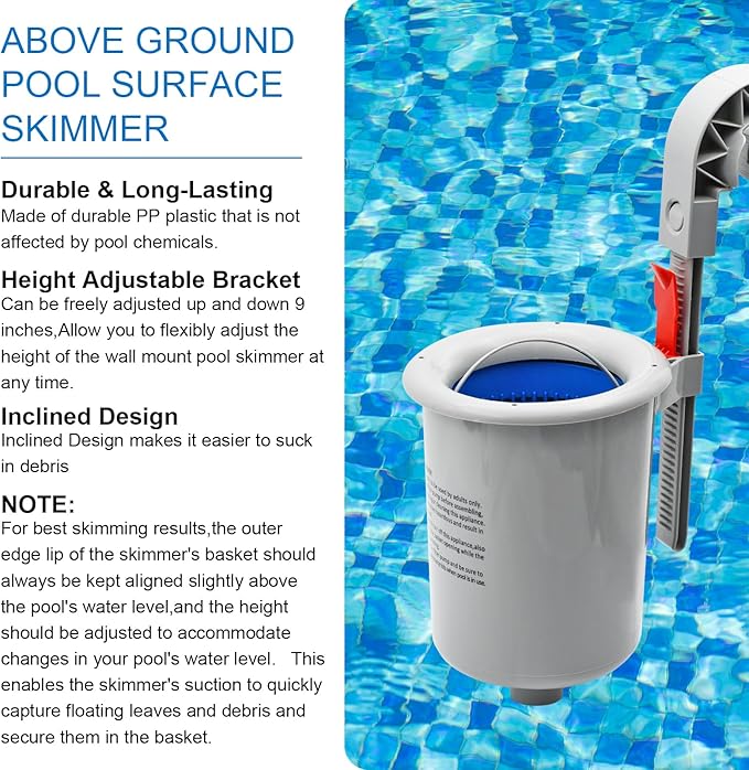 Above Ground Pool Surface Skimmer with Detachable Skimmer Basket, Auto Pool Skimmer Floating Pool Filter, Wall Mount Surface Skimmer fo Inflatable Collars, Metal Frame & Tubular Pools