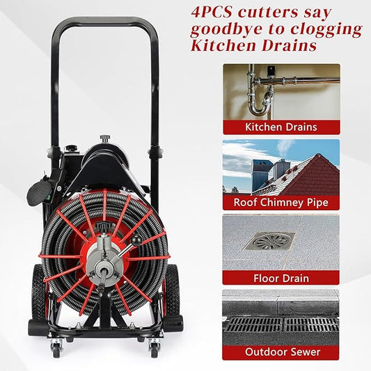 Winado Drain Cleaner Machine 100 FT x 1/2 Inch, 550W Portable Electric Drain Sewer Auger Cleaning Auto Feed with 4 Cutter, Air-activated Foot Switch, Gloves for 1" to 4" Pipes