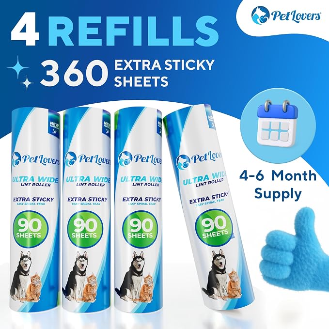 PetLovers Extra Sticky Floor Lint Roller 4 Pack of Refills Only - No Handles Included - 90 Sheets Per Refill 360 Sheets Total - Image 2