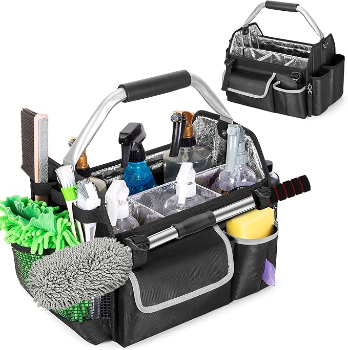 Wearable Detailing Caddy, Quick Load Collapsible Car Care Bag with Handle & Shoulder Strap, Detail Carry Organizer with Multi Pockets for Auto Cleaning Supplies & Vehicle Wash Tools, Bag Only