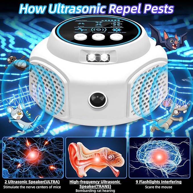 2026 Upgraded Mouse Repellent Ultrasonic Plug in Mice Repellent Indoor Control for Rodent Rat Mouse Mice Squirrel 3 IN1 Electronic Repellent Devices for House Garage Basement Attic,2 Pack(White)