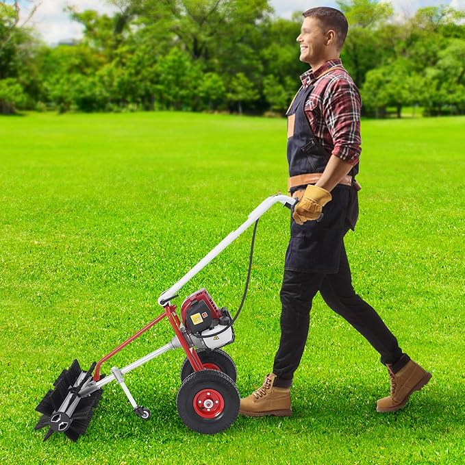 Gas Powered Walk-Behind Outdoor Lawn Brush Sweeper, 4-Stroke Gasoline Engine Lawn Sweeper, 23.62" Hand Push Sweeper Lawns Cleaning Tools for Artificial Lawns, Pathways, Driveways
