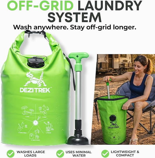 One Hand Wash Bag and Plunger Set - Off Grid Washing Machine Non Electric for Camping Travel | Eco Friendly Portable Manual Clothes