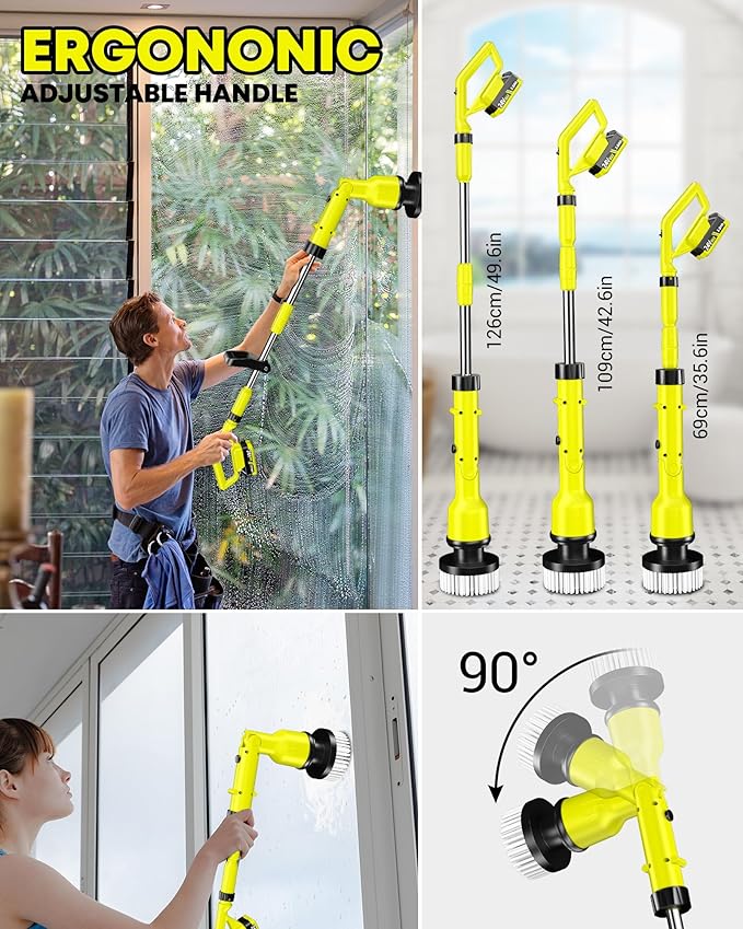 Electric Spin Scrubber with 3+ Hour Long Lasting Battery, 1000W/1200RPM High Power Cordless Clean Brush with 50IN Adjustable Long Handle, 4 Replacement Head for Bath/Tub/Tile/Floor, RyobiGreen