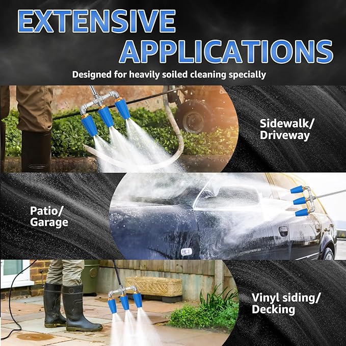 3 in 1 Pressure Washer Nozzle 360° Rotating 4000 PSI with 1/4" Quick Connector Pressure Washer Tip Turbine Nozzle Time Saving Triple for Cleaning Driveways Walls Decks