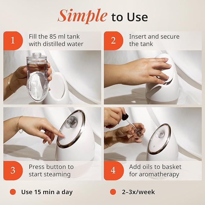 Vanity Planet Aira Ionic Facial Steamer - Face Steamer for Facial Deep Cleaning, Moisturizing - Steamer for Face with Adjustable Nozzle, Water Tank and 3 Essential Oil Baskets (Beige)