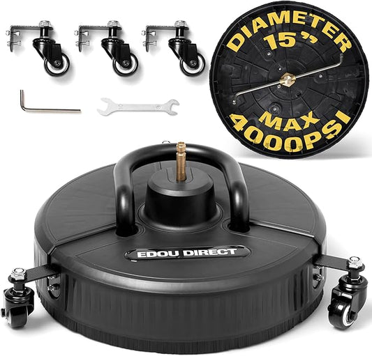 Edou Direct - Pressure Washer Surface Cleaner with Wheels and Handle - Heavy-Duty Plastic - 15'' - Compatible with Most Electric Pressure Washers - 1/4 Inch Quick-Connect - Black