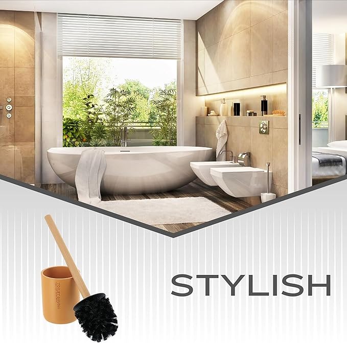 Compact Mustard Yellow Toilet Brush and Holder Set with Natural Bamboo Handle - Durable Toilet Bowl Brush for Deep Bathroom Cleaning