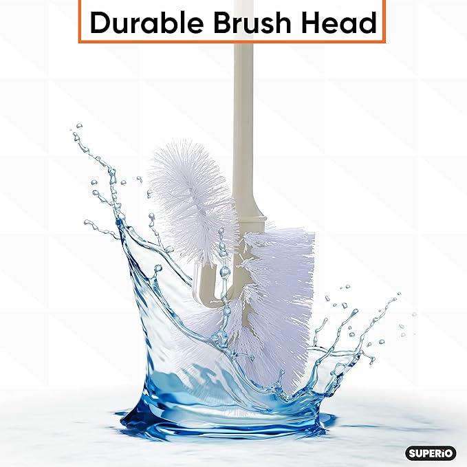 Superio Toilet Bowl Brush and Holder with Under Rim Cleaner for Bathroom, Toilet Brush and Caddy with Non Scratch Bristles and Under Rim Lip Brush, Beige (2 Pack)