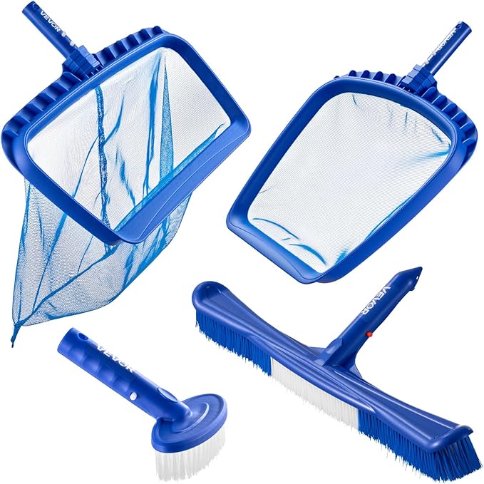 VEVOR Swimming Pool Cleaning Kit, Includes 2 Detachable Brush Heads (20 Inch / 5.5 Inch) and 2 Pool Skimmer Nets, 4-in-1 Inground/Above Ground Pools Cleaning Tools Set for Leaf, Fine Mesh, No Poles