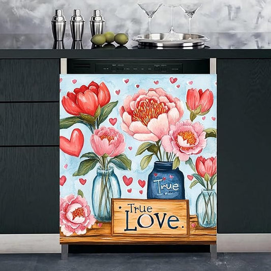 Blooming Pink Flowers Magnet Dishwasher Cover Vinyl Decal for Dishwasher Valentine's Day Flowers Refrigerator Magnet Cover Love Hearts Kitchen Panel Decal Sticker, 23x26 inch Magnetic