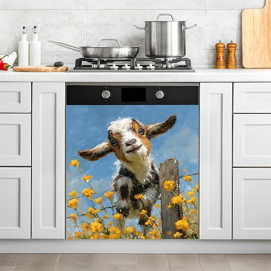 NYZE Dishwasher Magnets Cover, Dishwasher Magnetic Sticker Decorative, 23 x 26 Inch Removable Reusable Dish Washer Cover Mat for Dishwashers (Cute Goat & Yellow Flowers)