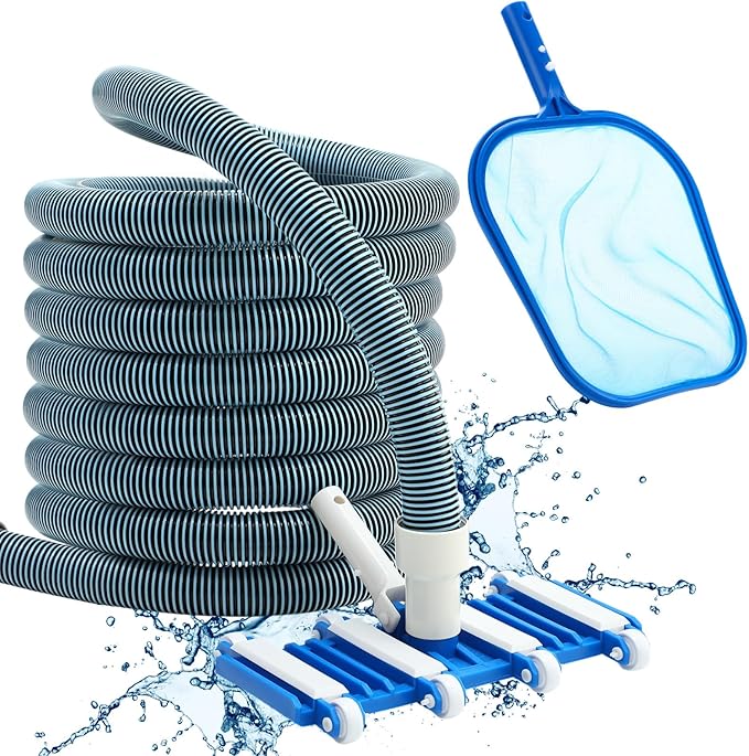 3 Pcs Pool Vacuum Cleaning Kit Vacuum Head Right Corner with Flexible Wheels, 1-1/4" x 18ft Hoses and Skimmer Net Maintenance Accessory Tool for Inground Pool Cleaning
