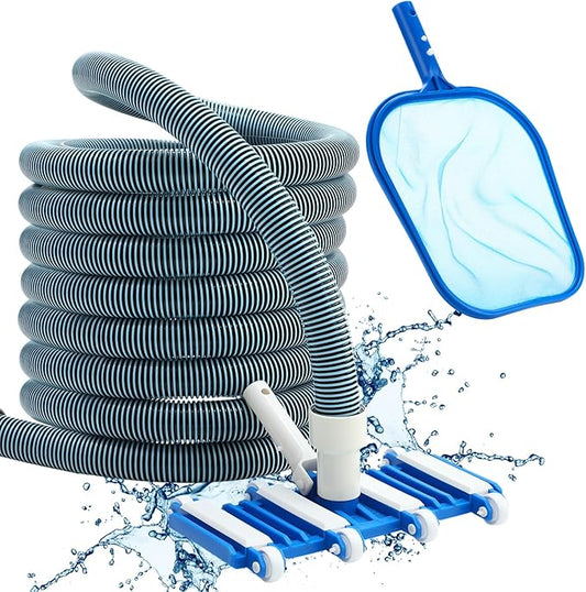 3 Pcs Pool Vacuum Cleaning Kit Vacuum Head Right Corner with Flexible Wheels, 1-1/4" x 18ft Hoses and Skimmer Net Maintenance Accessory Tool for Inground Pool Cleaning