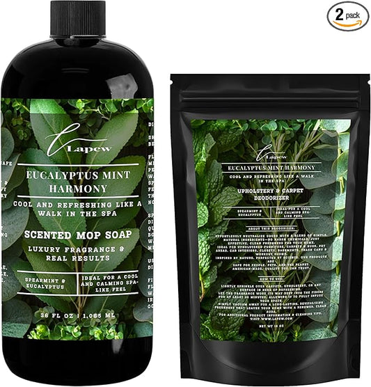 Lapew Eucalyptus Mint Harmony Scented Cleaning Bundle | Carpet Deodorizer Powder (16 oz) & Mop Soap Concentrate (36 oz) | Pet-Friendly Odor Eliminator