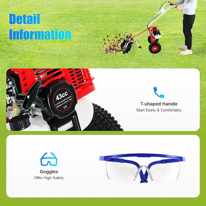 43CC 2-Stroke Gas Push Lawn Sweeper Broom, 1.7HP Gas Walk Behind Push Lawn Sweeper Handheld Walk Behind Snow Sweeper Broom Portable Driveway Turf Grass Cleaning Tool for Garden Yard Sidewalk