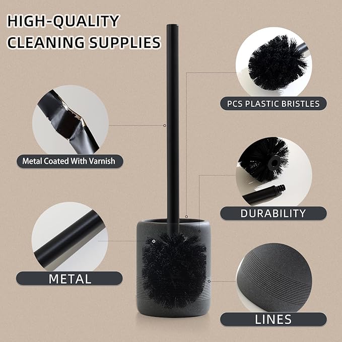 Toilet Brush and Holder Set, 2 PCS Decorative Toilet Bowl Brush and Holder Set Bathroom Aceessories Toilet Scrubber Brush Set with Heavy-Weight Resin Base with Long Handle (Black)