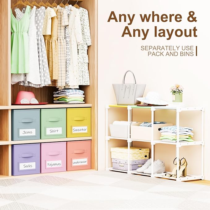 Geelin 6 Sets Cube Storage Organizer Bins with Shelf & Labels 11 Inch, Fabric Collapsible Cubby Toys Clothes Storage Drawer Unit for Daycare Nursery Playroom Bedroom Dorm Organizer (Pastel)