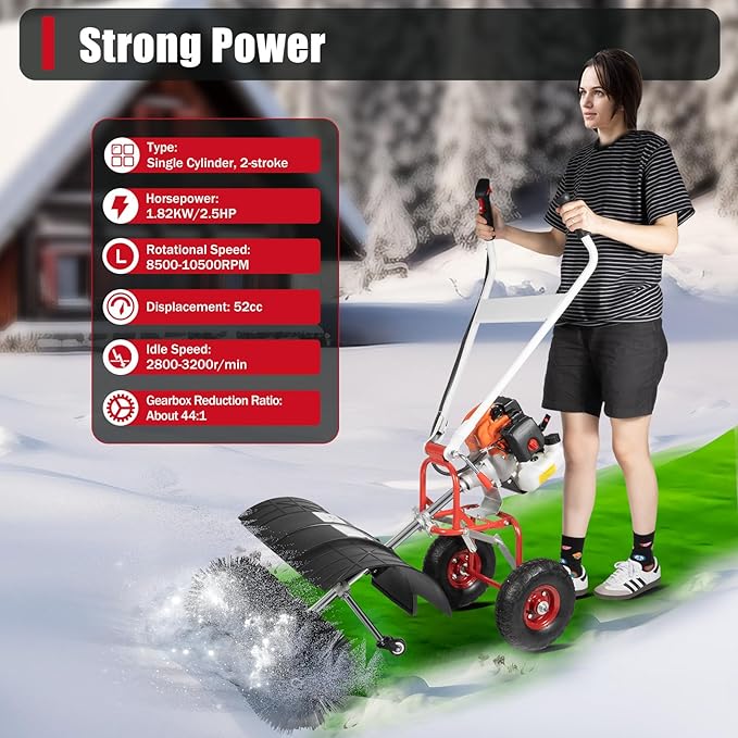 52CC Walk Behind Power Sweeper Broom, 2-Stroke 2.5HP Single-Cylinder Air-Cooling Gas Power Sweeper Snowplow Broom Driveway Lawns Artificial Grass Power Brush Lawn Sweeper Cleaner Tools for Sidewalk