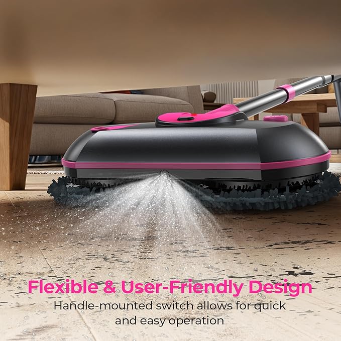 Cordless Electric Spin Mop with Water Sprayer, 300ml Tank Self-Propelled Floor Cleaner for Hardwood & Tile, Quiet Cleaning, Adjustable Handle, 2500mAh Long-Lasting Battery, Pink