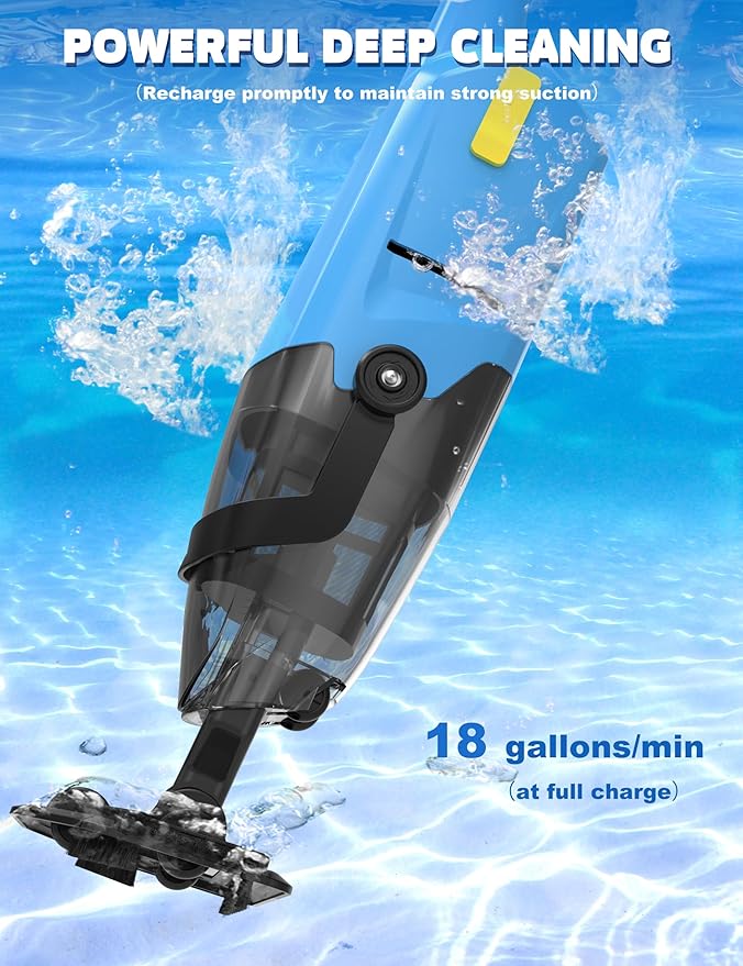 Cordless Pool Vacuum Cleaner for Above Ground Pool & In Ground Rechargeable Pool Vacuum Cleaner - 90 Mins Runtime, with 69" Telescopic Pole, Spa Vacuum for Hot Tub- Fast 3H Charge (Blue)