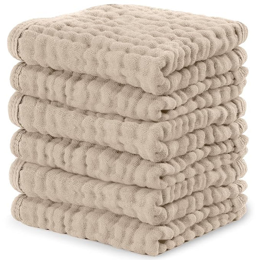 Comfy Cubs Muslin Baby Washcloths 6 Pack - Soft 6-Layer Cotton Wash Cloths for Sensitive Skin - 10"x10" Large, Gentle, Absorbent Infant Essentials for Newborn and Toddlers - Sand
