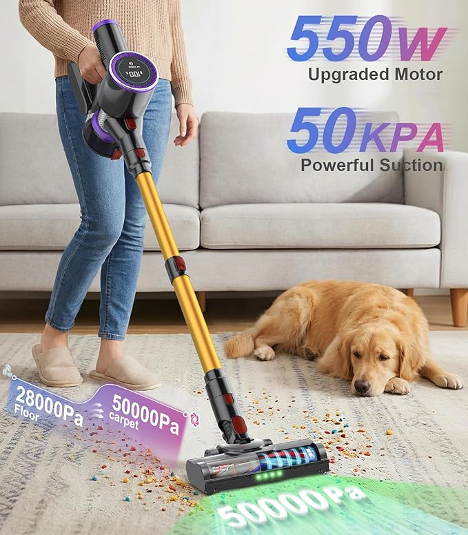 Cordless Stick Vacuum Cleaner: 550W 50KPA 45Mins with Powerful Suction, Self-Standing Lightweight Wireless Rechargeable Handheld Vacuum with Touch Screen for Home Pet Hair/Carpets/Floors