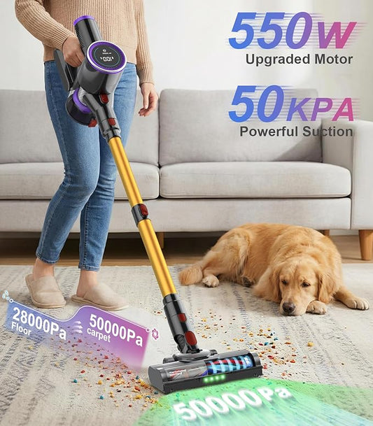 Cordless Stick Vacuum Cleaner: 550W 50KPA 45Mins with Powerful Suction, Self-Standing Lightweight Wireless Rechargeable Handheld Vacuum with Touch Screen for Home Pet Hair/Carpets/Floors