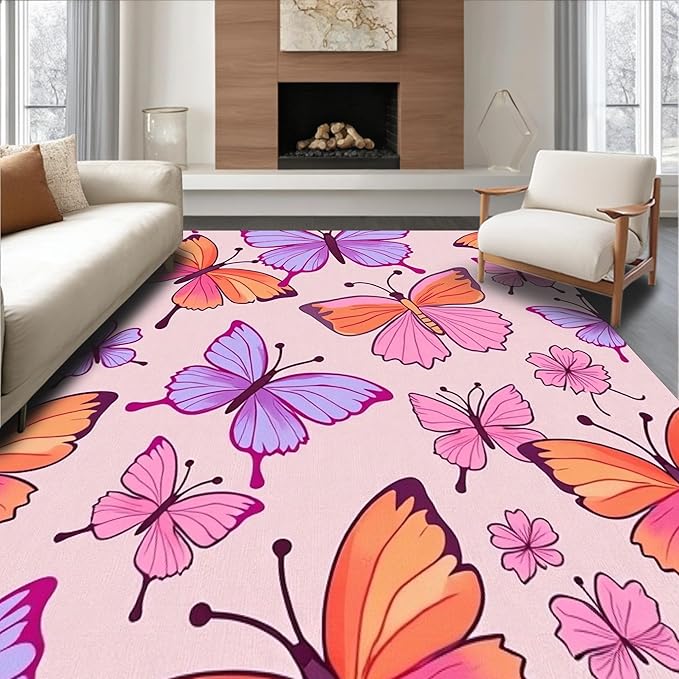 Flatwoven High Traffic Area Rug 6x6, Watercolor Garden Shower Curtain with Matching Bath Accessories, Non Slip, Stain Resistant, Washable Area Rugs for Living Room, Bedroom (Pink, 6x6)