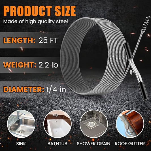 50 ft Drain Auger Plumbing Snake for Heavy Deep Blockages 1/4" Diameter Flexible Plumbing Cables Drain Snake for Kitchen Bathroom Shower Sink Cleaning Drainage Clogs