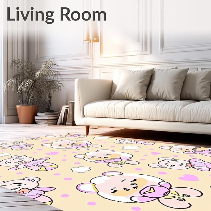Flatwoven High Traffic Area Rug 6x6, Sweet Bear Balloon Interlocking Dot and Cloud Motif, Non Slip, Stain Resistant, Washable Area Rugs for Living Room, Bedroom (Beige, 6x6)