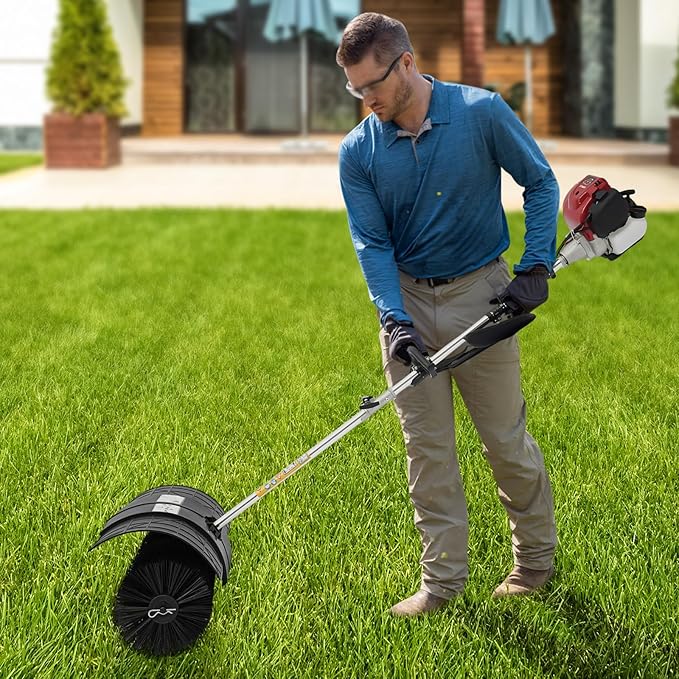 31CC 4 Stroke Gas Powered Broom Sweeper with Air Cooled, 1.4HP Outdoor Handheld Sweeper Snow Sweeping Broom, Gas Handheld Sweeper for Cleaning Sweep Driveway Lawn Snow Cleaner Tools