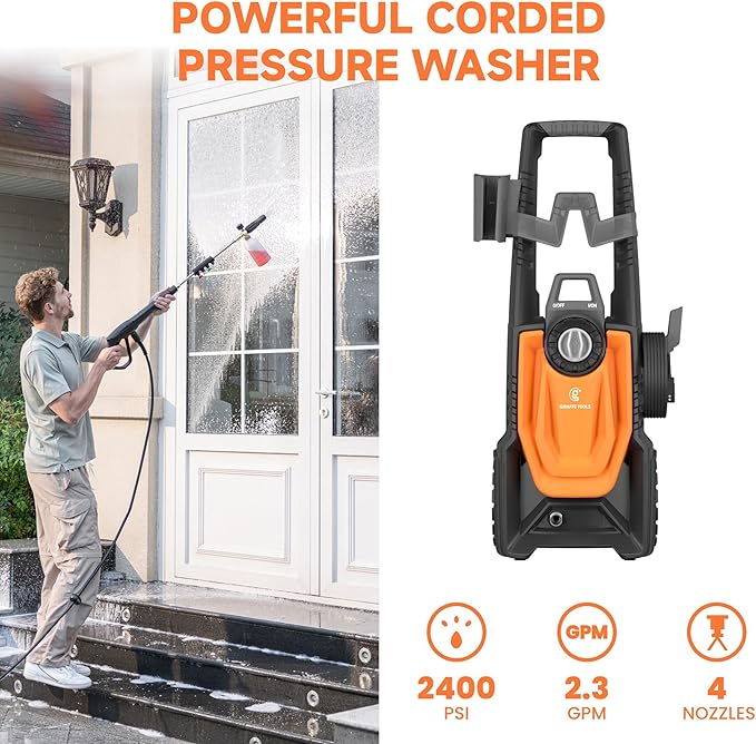 Giraffe Tools Electric Pressure Washer, 4 Quick-Connect Nozzles, Foam Cannon for Cars/Patios/Driveways/Fences, 2400 Max PSI 2.3 GPM 30FT